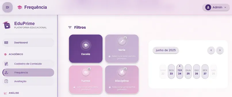 Interface do sistema EduPrime mostrando painel de gestão escolar com indicadores educacionais, controle de matrículas e relatórios em tempo real para secretarias municipais de educação